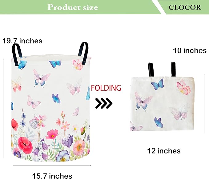 CLOCOR Round Collapsible Flat Storage Basket,Space-Saving Fabric Laundry Hamper for Clothes,Nursery Hamper,Gift Basket(Butterfly Flower)