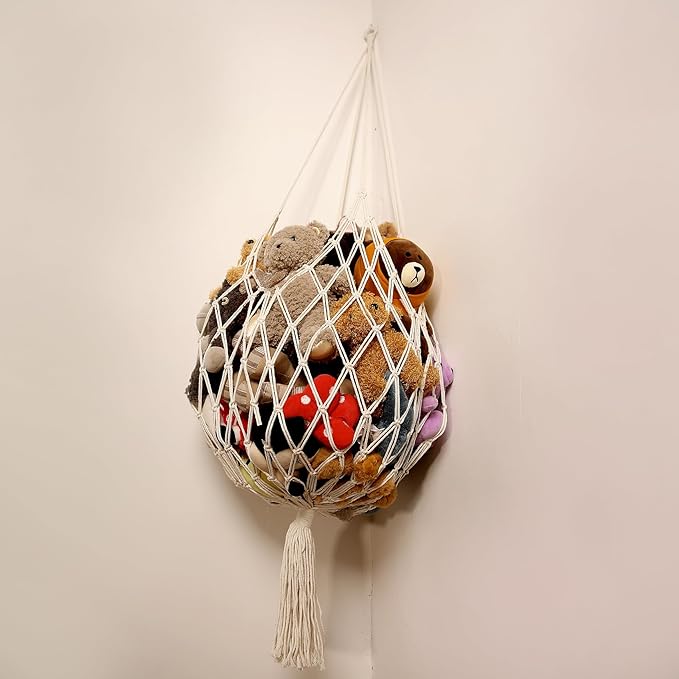 Stuffed Animal Storage Hammock Corner Hanging Net Stuffy Animal Hammock Macrame Toy Display Plush Toy Holder for Kid Bedroom Decor Boho Nursery Playroom Organizer (Cream)