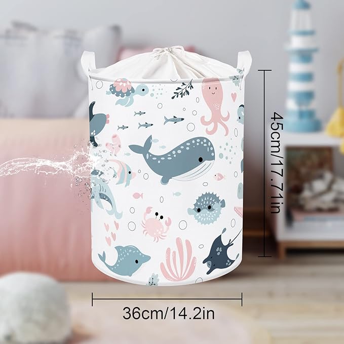 Clastyle Marine Animals Bubbles Kid Laundry Basket with Lid Foldable Sea Shark Dirty Clothes Hamper Round Toy Clothes Pool Beach Towel Basket, Pink Mermaid, 36 * 45 cm