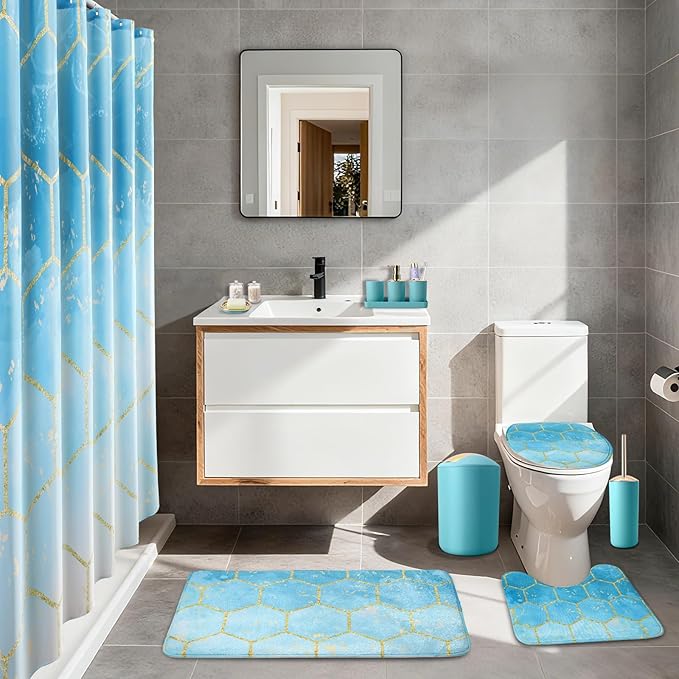 25 Pieces Bathroom Set Teal and Gold Bathroom Accessories Set, Shower Curtain and Rugs, Trash Can, Toilet Brush, Soap Dispenser, Soap Dish, Toothbrush Holder, Tumbler, Tray, Qtip Holder