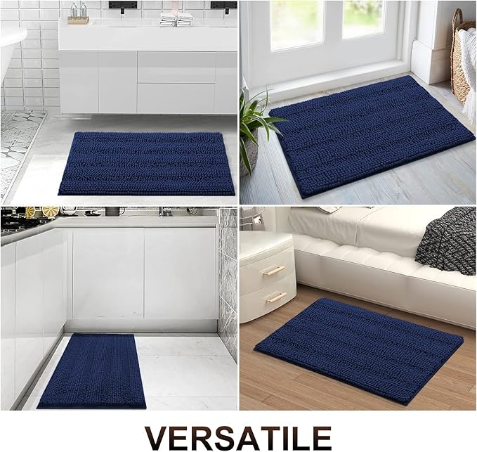 Grandaily Chenille Striped Bathroom Rugs 47x20, Extra Thick and Absorbent Bath Mats, Non-Slip Soft Plush Shaggy Shower Carpet, Machine Wash Dry, Bath Rug for Bathroom, Navy