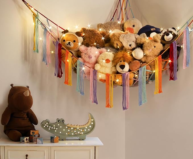 Stuffed Animal Hammock Corner with LED Light - Toy Storage Hammock Plushie Net Large - Cute Stuff Animals Holder Hanging Organizer - Baby Room Rainbow Decor Kids Toddler Nursery Bedroom