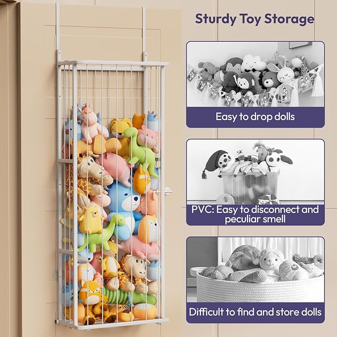 SWTYMIKI Large Stuffed Animal Storage - Over The Door Stuffed Animal Organizer, Toy Stuffy Storage for Nursery Play Room Bedroom Kid Room, Plush Organizer (White, 3-Tier)