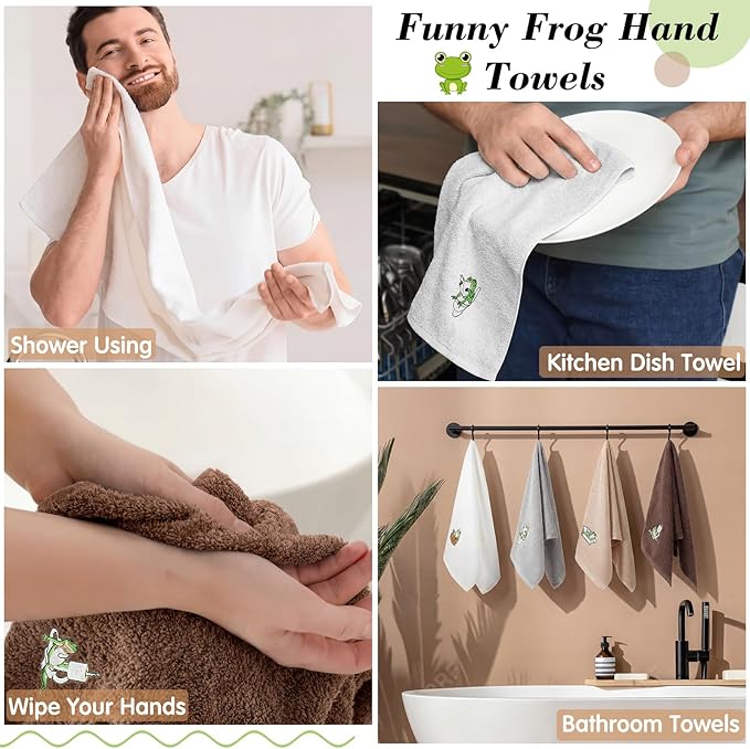4 Pcs Frog Bathroom Towels Set Soft Cotton Hand Towels Embroidered Frog Design Washcloths for Bathroom and Kitchen Fun Decorative for Housewarming Gift Bath Face
