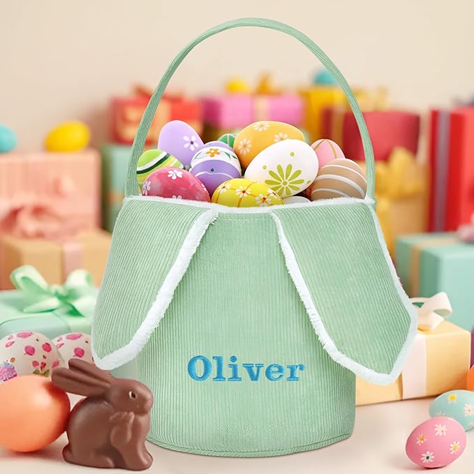 Easter Basket, Touber Easter Bunny Basket, Personalized Easter Baskets for Kids, Easter Gifts Basket for Girls Baby Children - Bunny Ear Green