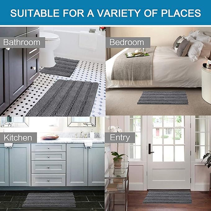 H.VERSAILTEX 3 Piece Bathroom Rugs Sets Thick Striped Bath Rugs Set for Bathroom Non Slip Soft Absorbent Bath Mat Set for Tub, Shower and Toilet(17''x24''+20''x32''+20''x24'' U-Shaped, Grey)