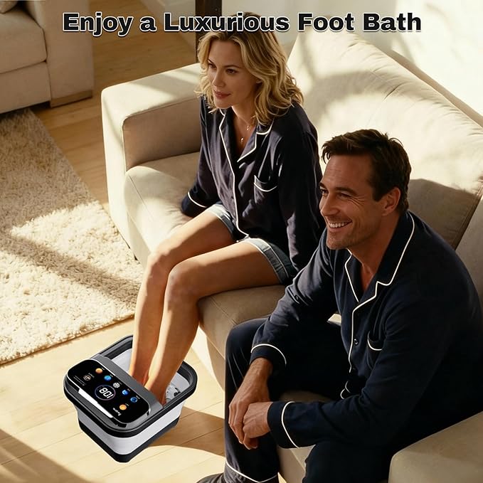 Foot Spa Electric Rotary Massage, with Touchscreen Pro Color Display, Collapsible Foot Bath with Heat, Bubble,Remote Control, Adjustable Temp Control, and 24 Motorized Shiatsu Massage Balls (Black)
