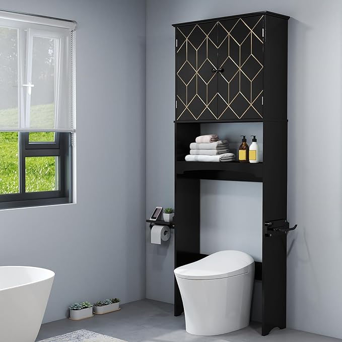 HLR Over The Toilet Storage Cabinet with Gold Trim, Over Toilet Bathroom Organizer with Adjustable Shelves and Toilet Paper Holder, Above Toilet Storage Cabinet Spacesaver for Bathroom (Black)