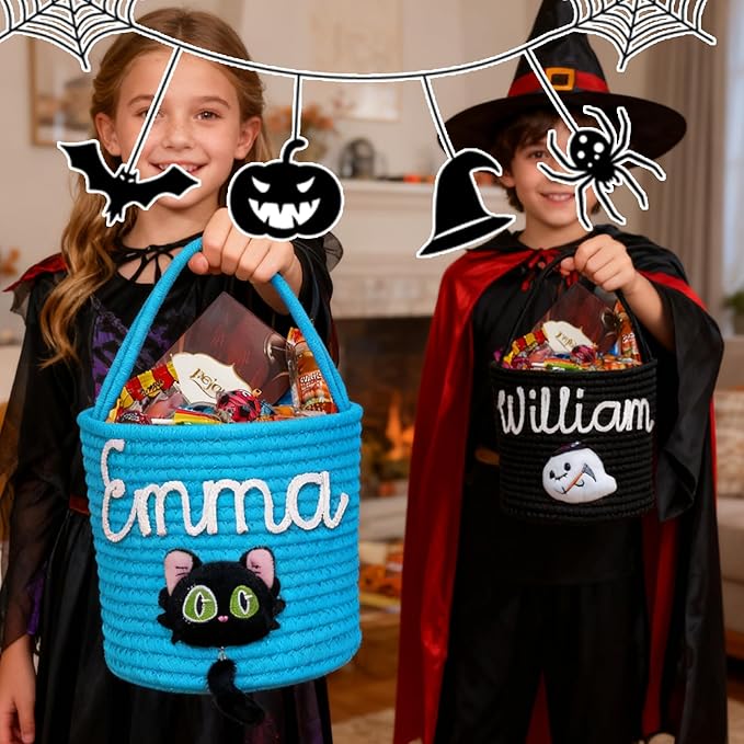 Personalized Halloween Basket, Custom Trick or Treat Bag with Name, Hand-Woven Candy Bucket, Spooky Decor for Boys & Girls (Style 1)