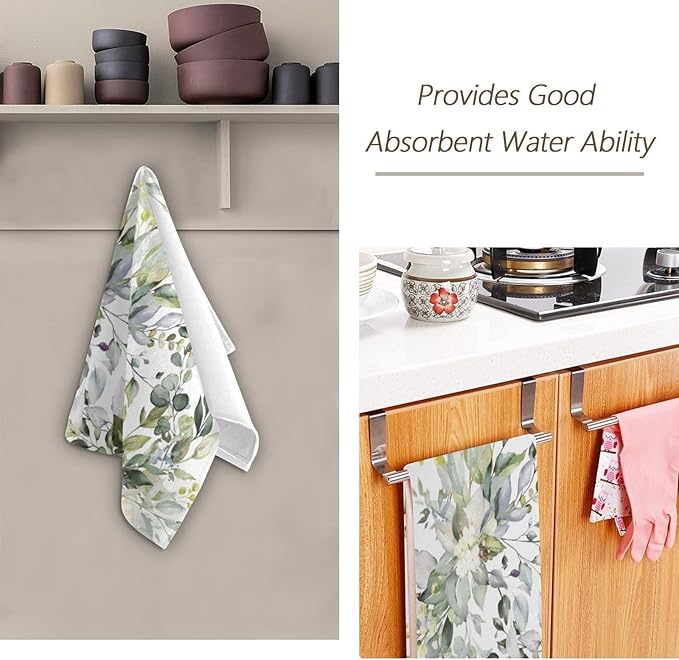 2 Pack Eucalyptus Hand Towels,Microfiber Absorbent Watercolor Sage Green Leave Bathroom Towels,Quick Drying Plant Floral Kitchen Towels,Leaf Hand Towels for Bathroom,Shower,Guest,Face 14"x28"
