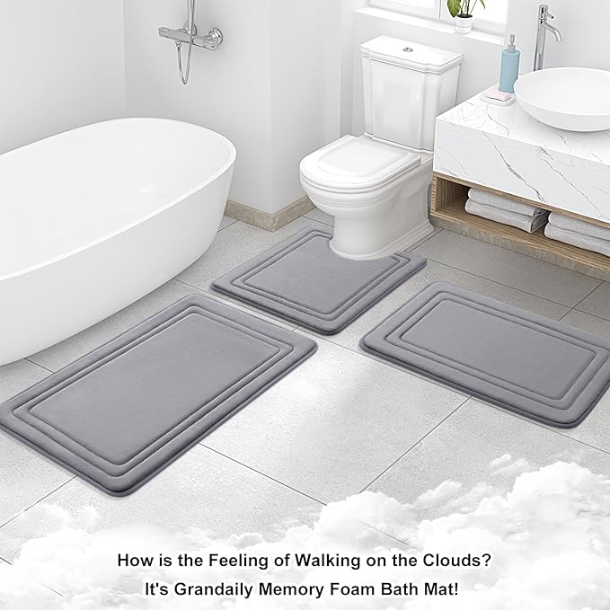 Grandaily Memory Foam Bath Mat Rug 30x20, Ultra Soft, Non-Slip and Absorbent Bathroom Rugs, Machine Wash Dry, Comfortable Bath Carpet for Bathroom Floor, Tub and Shower, Medium Grey