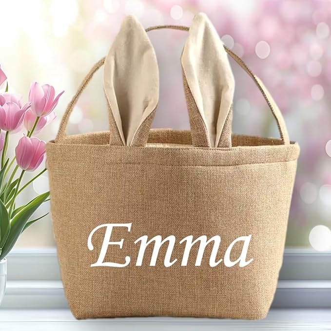 Personalized Easter Basket for Kids - For Boys - For Girls - Easter Bunny Basket with Custom Embroidered Name - For Egg Hunt Fillable Candy Gift - Burlap