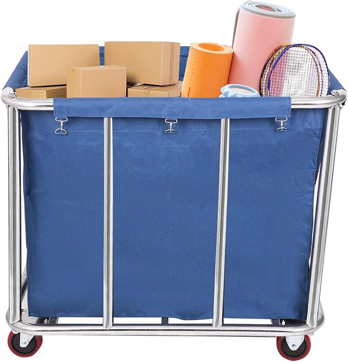 12 Bushels Laundry Cart Commercial/Home,Heavy Duty Large Stainless Steel Rolling Laundry Basket with Wheels,for Laundry Organizer and Storage,260LBS Load (12 Bushels - Blue - 8 Tubes)