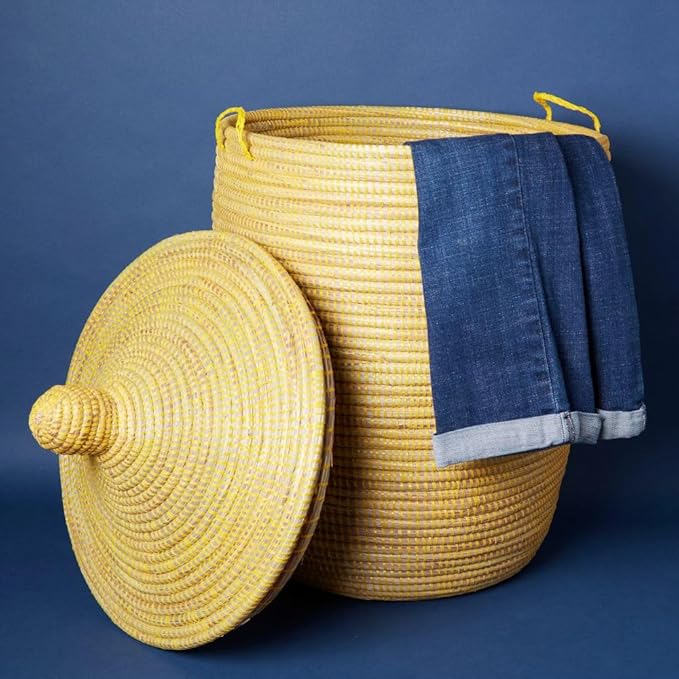 Decorative African Wicker Basket with Lid, Hand Woven by Senegal Artisans, Laundry Hamper, Blanket Basket, Toy Storage, African Woven, Hood Lid, Bright Colors, 15" Wide, 25" to Hood (Yellow)