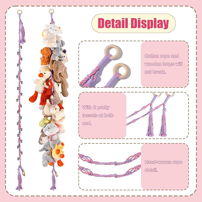 80" Cotton Hanging Storage Chain For Stuffed Animals Storage with 20 Metal Clips, Stuffed Animal Organizer Chain for Wall Corner Nursery Play Room, Rainbow