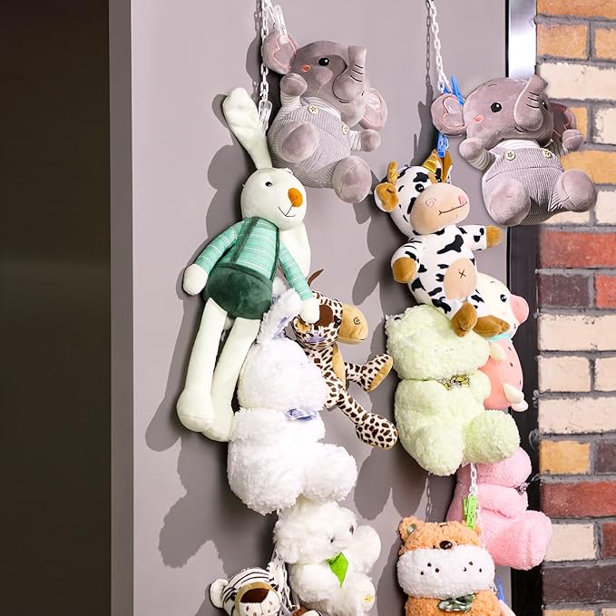 Blulu Stuffed Animal Storage Chain with 20 Clips 78.74'' Plastic Chain with Hooks for Nursery Bedroom Playroom Wall Corner Organizer Hanging Hats Socks Holiday Cards(Mixed Color Clip)
