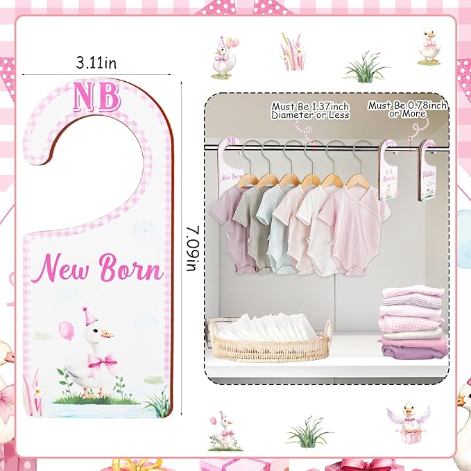 Baby Closet Dividers 8PCS, Pink Goose Themed Wooden Double-Sided Clothes Size Hanger Organizer from Newborn to Toddler for Nursery Decor Baby Shower Birthday Gift