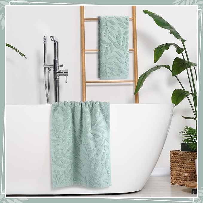 2 Pcs Green Leaves Hand Towels for Bathroom Green Leaves 100% Cotton Jacquard Weave Bath Towel Set Soft Absorbent Dish Washcloth for Bathroom Kitchen Summer Theme Gifts 13.8 x 29.5 Inch