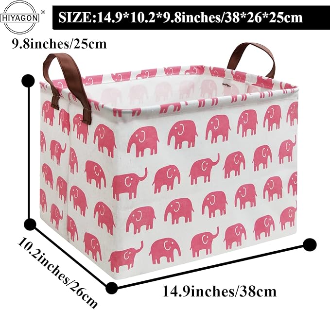 HIYAGON Rectangular Elephant Basket for Baby Kids Pink Basket Fabric Collapsible Storage Bin for Organizing Toys Nursery Clothing Books Gift (Pink Elephant)