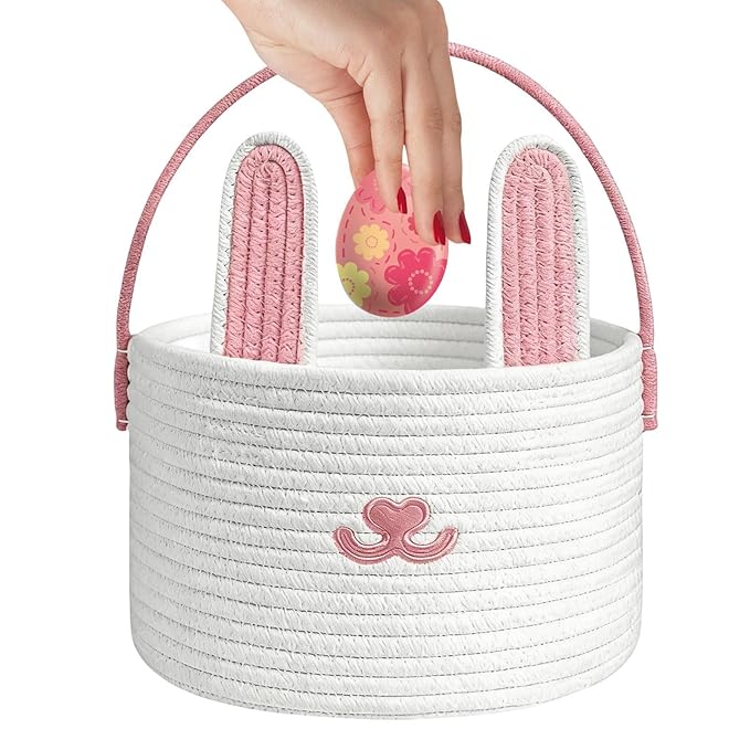 Woven Easter Basket - Cotton Rope Container, Easter Bunny Baskets with Handle for Boys Girls Candy Toys Snacks Party Holiday Spring Festival Gift Basket Kids Adults Decorative Storage Fun
