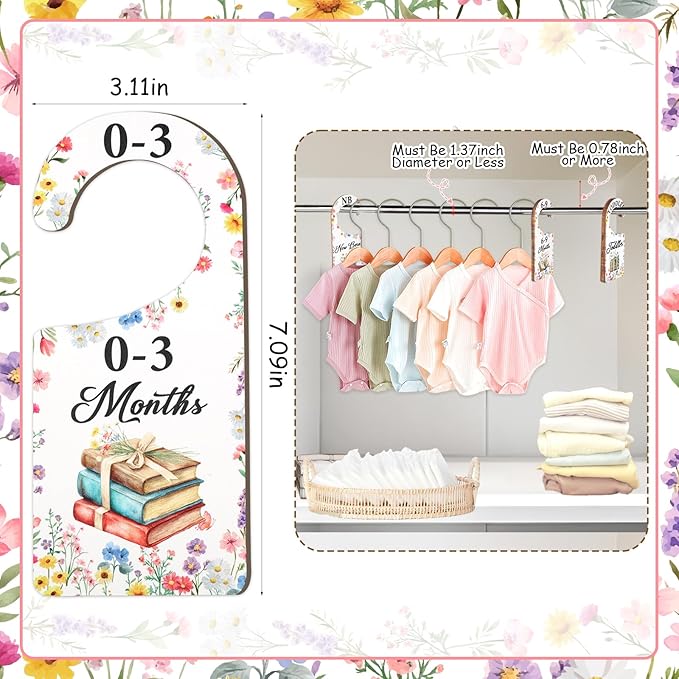 Baby Closet Dividers 8PCS, Storybook Themed Wooden Double-Sided Clothes Size Hanger/Organizer from Newborn to Toddler, Boho Wildflower Nursery Decor Baby Shower Birthday Party Gift