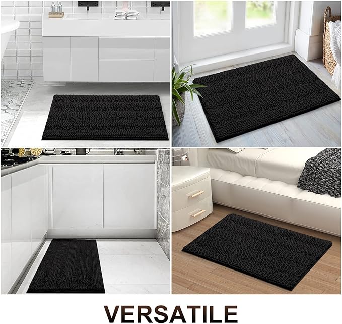 Grandaily Chenille Striped Bathroom Rugs 47x17, Extra Thick and Absorbent Bath Mats, Non-Slip Soft Plush Shaggy Shower Carpet, Machine Wash Dry, Bath Rug for Bathroom, Black