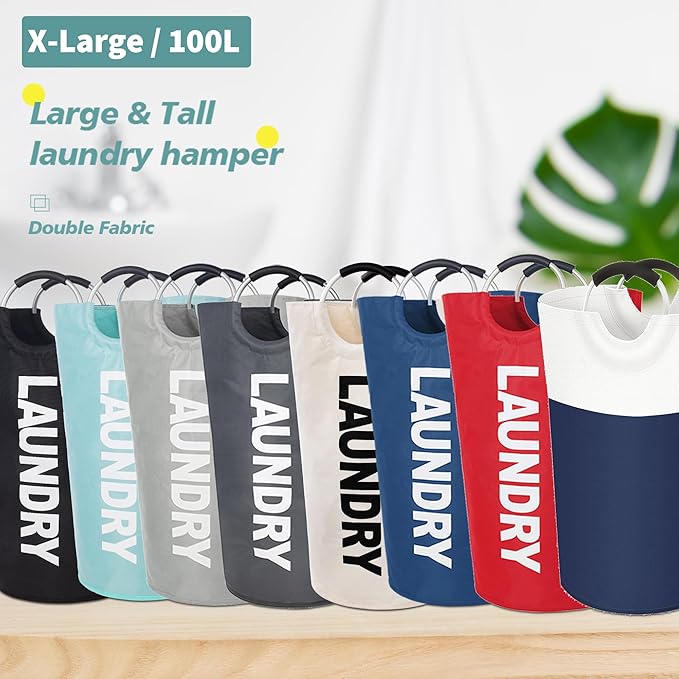 Twira 100L Large Laundry Basket, Laundry Hamper Stands Up Well, Laundry Bag with Padded Handles, Waterproof Clothes Bin Collapsible, Clothes Hamper for Bathroom, Laundry, College (Light Grey)