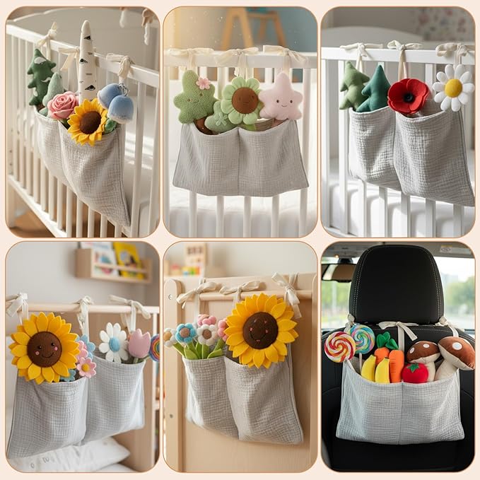 Cotton Baby Hanging Bedside Storage Bag Organizer with 2 Pockets, Baby Crib Accessories for Cribs, Toys, Diapers (Light Gray)