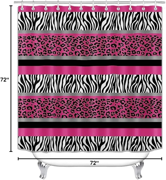 4PCS/Set Hot Pink Leopard Print Shower Curtain, Black and White Zebra Print Wildlife Safari Animal Skin Stripe Fashion Women Girly Bathroom Decor, Non-slip Bath Mat Toilet Rug, Cheetah & Zebra