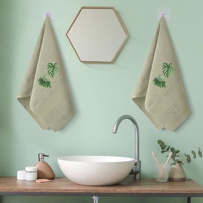2 Pcs Tropical Palm Leaves Hand Towels Gray Green Bathroom Decor 14x29 Inch Embroidered 100% Cotton Soft Absorbent Spring Summer Washcloths Decorative Hand Towels for Bathroom Kitchen