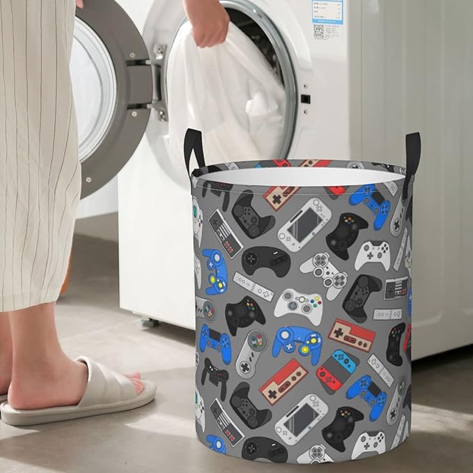 Video Game Controller Grey Background Round Laundry Hamper Storage Basket Toys Clothes Organizer Bin For Home Bathroom Bedroom Dorm Nursery, 38l