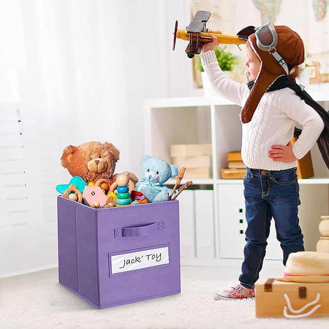 artsdi 13x13x13 storage cube bins(Set of 8) Fabric storage cubes with 8 Labels Window Cards & a Pen, storage cubes 13x13, Collapsible 13 inch cube storage bins, Cubby Organizer Boxes, Purple
