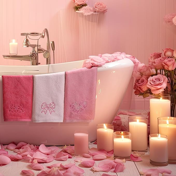 3 Pack Pink Bow Valentine's Day Hand Towels 13.4 x 29.2 Inch Cotton Embroidered Valentines Heart Bathroom Towel Absorbent Valentines Kitchen Decor for Hand Drying Cleaning Gift