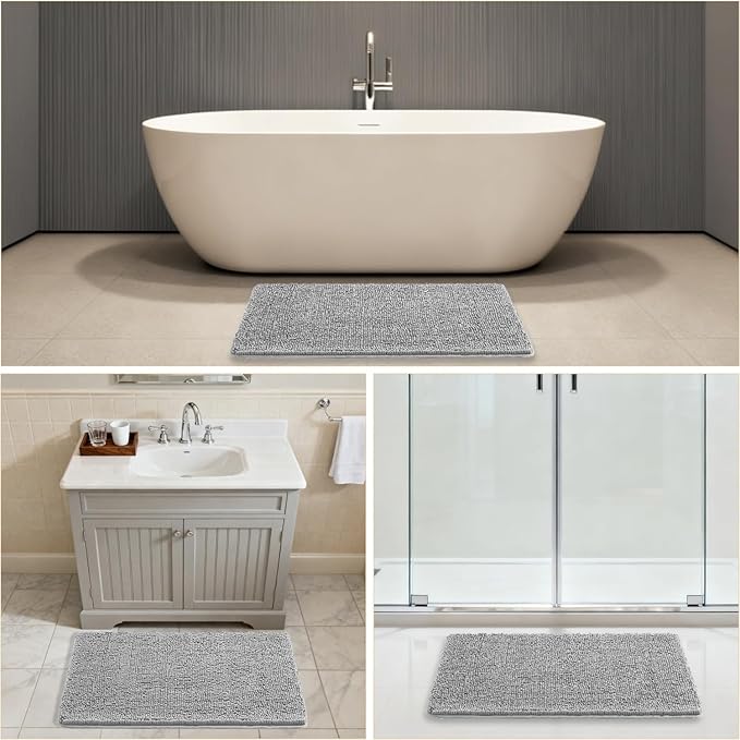 Gray Bathroom Rugs 24"x36" - Plush Chenille Non-Slip Bath Mat - Absorbent, Washable, Soft and Thick Decor for Shower, Sink, Tub, Home Accessories