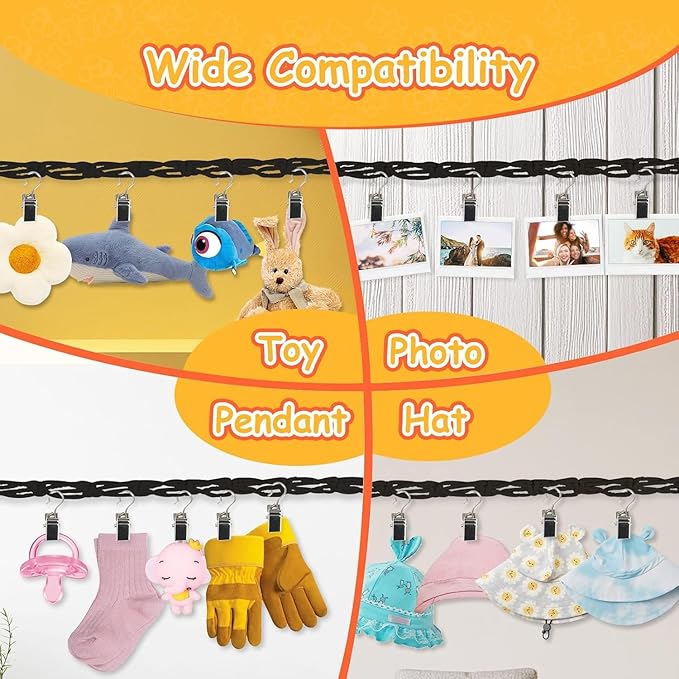 Munzong 2 Pack Black Hanging Stuffed Animal Storage Chain, 80 Inch Cotton Stuffed Animal Display Holder with 40 Metal Clips for Room Corner Wall Decor Play Room