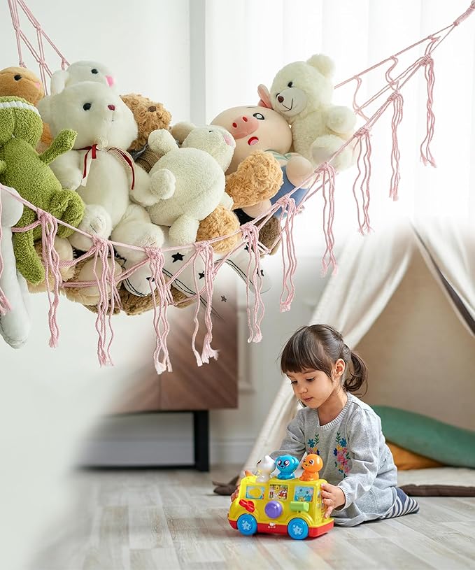 Stuffed Animal Storage Corner Hammock or Net,Toy Storage Hammock for Stuff Animals,Plushie Net for Nursery Bedroom Wall,Stuffed Animal Organizer Holder for Plush,Cute Boho Room Decor.(Pink)