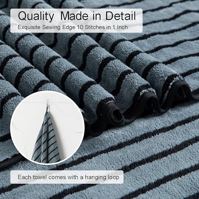 8 Pcs Grayish Blue Cabana Stripe Large Bath Towel Oversized Bath Sheet-2 Bathroom Towels,2 Hand Towels,4 Washcloths Soft Jumbo Absorbent Shower Towel Quick Dry Beach Chair Spa Gym Hotel Towel