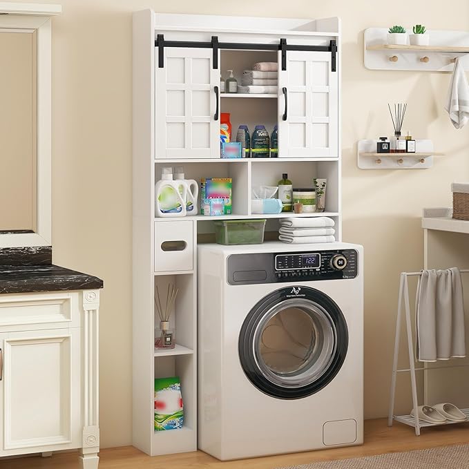 Over The Toilet Storage Cabinet, Farmhouse Storage Cabinet Over Toilet with Sliding Doors,Home Space-Saving Toilet Rack, for Bathroom, Restroom, Laundry,White