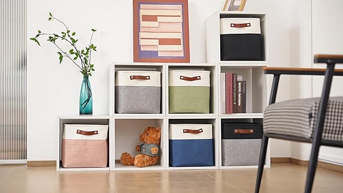 13 Inch Cube Storage Bins,Set of 4, Foldable Storage Basket with PU Handles for Organizing Home, Closet, Laundry, Office, Organizers for Shelves(White/Gray)