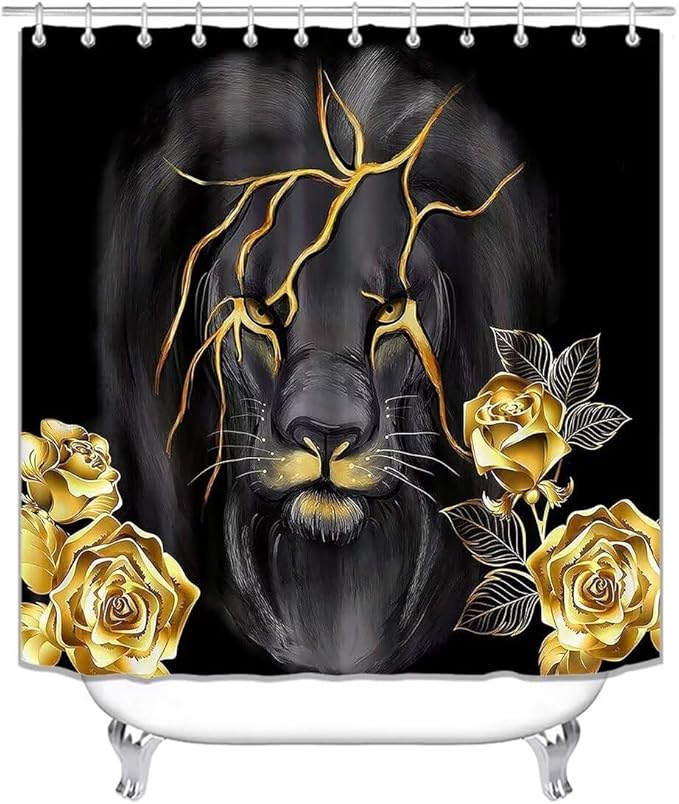 4 Piece Black and Gold Shower Curtain Set with Rugs, Majestic Lion & Golden Rose Art, Luxury Aesthetic Waterproof Fabric Bathroom Decor, Non-Slip Mats & Toilet Lid Cover