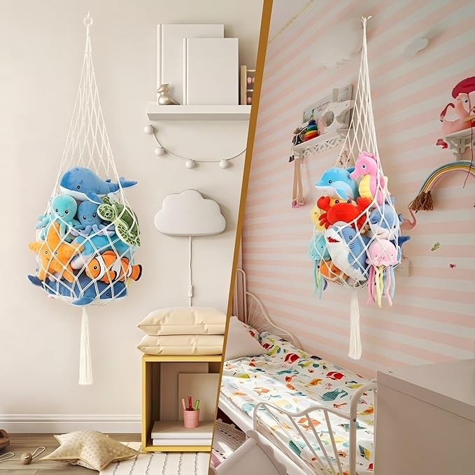 Tioncy 2 Sets Stuffed Animal Storage Organizers Stuffed Animal Hammock Corner Ceiling Hanging Net Macrame Display Holder Wall Mounted for Bedroom(Cream)