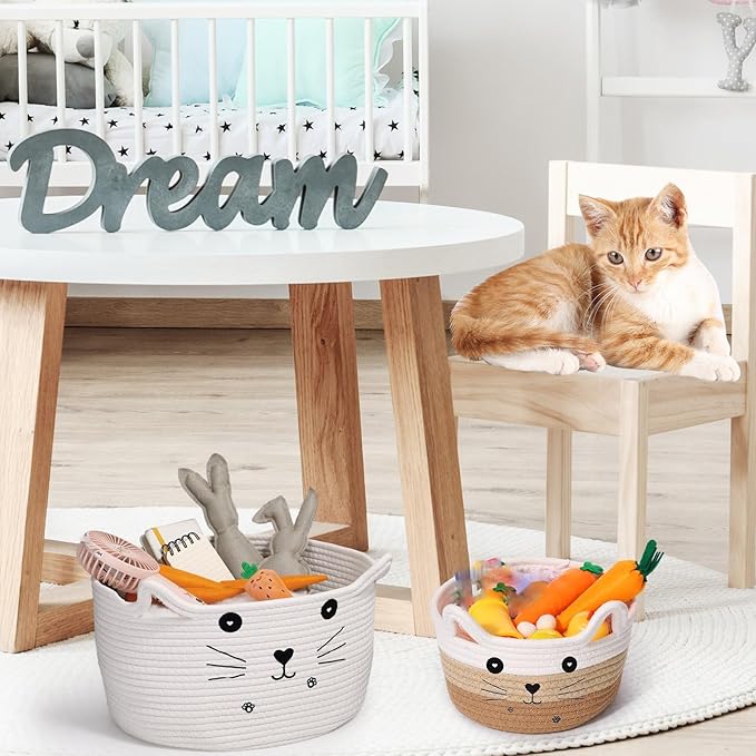 Zopeal Cat Basket Storage Woven Organizer with Ears Christmas Decorative Pet Toy Cute Cotton Rope Basket for Gift Cat Dog Toy Bin Nursery Room(8.3 x 4.7 Inch,White Khaki Brown)