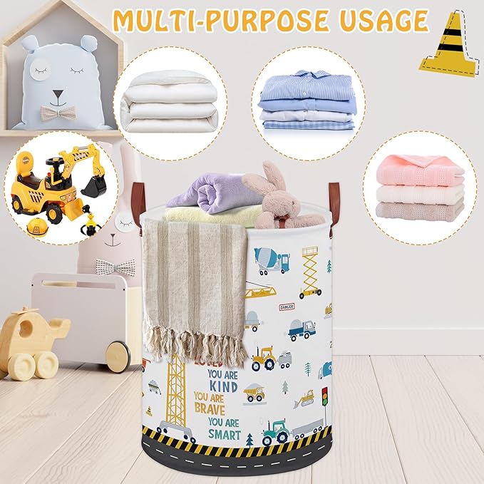 Construction Decor for Boys Room Laundry Basket,Trucks Toddler Kid Laundry Hamper, Car Excavators Baby Dirty Clothes Basket,Toy Organizer Bin (Yellow Construction)