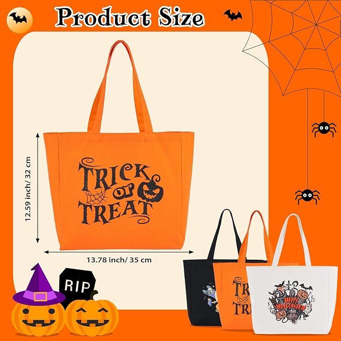 Halloween Basket Tote Bag Set of 2Candy Ice Basket Trick for Treat Bags Tote with Ornament for Candy Party Accessory (White & Pumpkin)