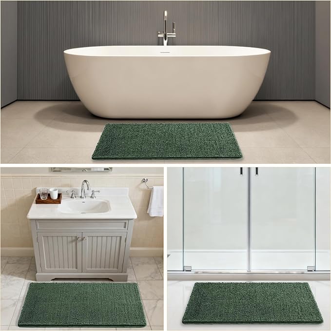 Hunter Green Bathroom Rugs 26"x44" - Thick Plush Chenille Non-Slip Bath Mat - Absorbent, Washable, Soft Decor for Sink, Shower, Tub, Kitchen, Vanity, Home Accessories