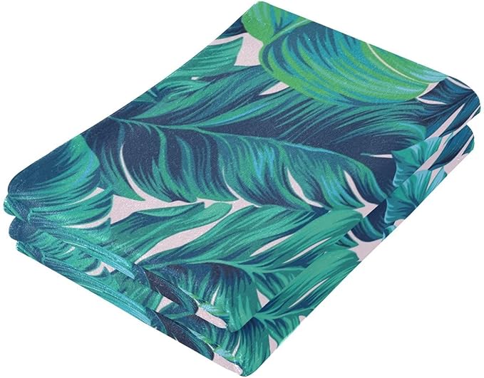 2 Pcs Tropical Blue Green Leaves Hand Towels for Bathroom,Soft Absorbent Palm Banana Leaf Botanical Dish Towels for Kitchen,Quick Dry Decorative Bathroom Towels for Face,Hair,Shower 14"x28"