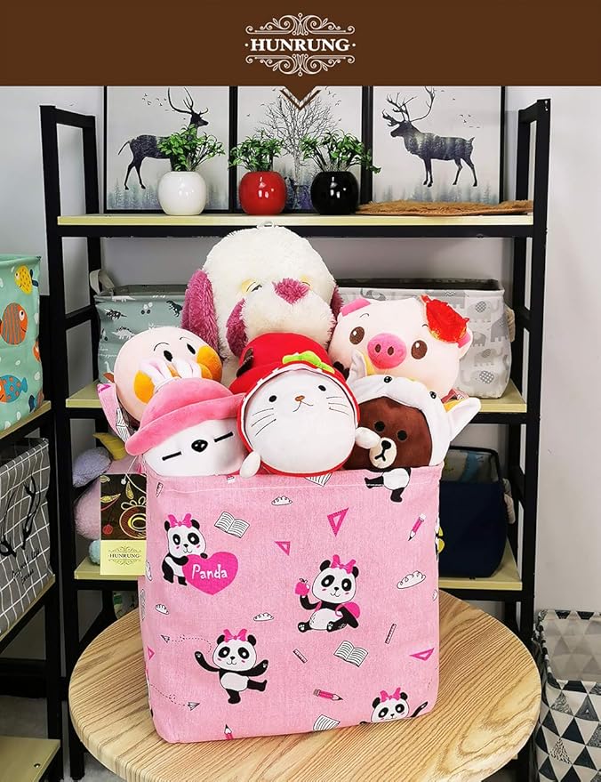 HUNRUNG Square Storage Bins Nursery Hamper Canvas Laundry Basket Foldable with Waterproof Nursery Boxes for Shelves/Gift Baskets/Toy Organizer/Office, Bedroom (Square-Pink-Book Panda)