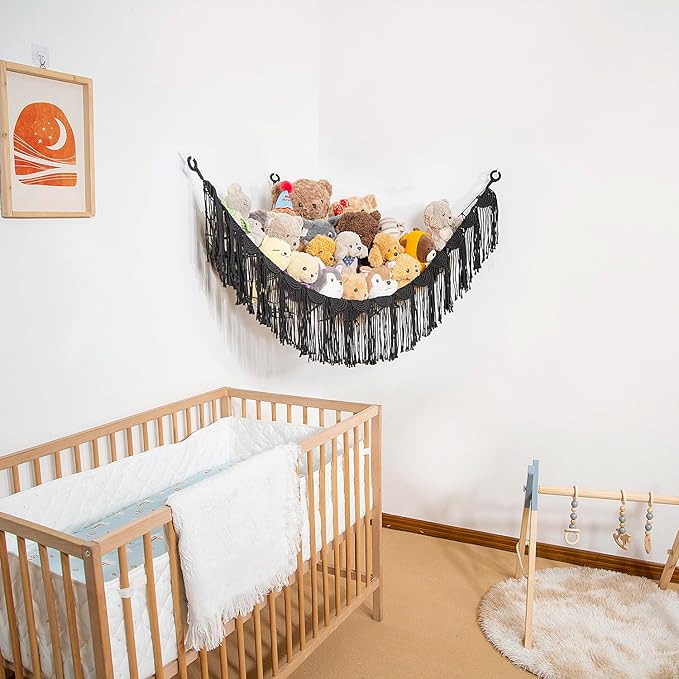 Stuffed Animal Hammock Corner Hanging Net for Toy Organizer Playroom Stuffed Animal Toy Hammock Macraem Toy Display Plush Toy Holder for Bedroom (Black)