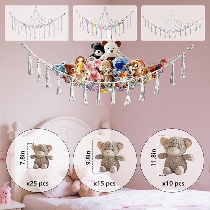 Stuffed Animal Hammock Corner with Hooks Soft Fabric Hanging Bed for Plush Toys, Toy Storage Organizer Playroom Decor (Rainbow)