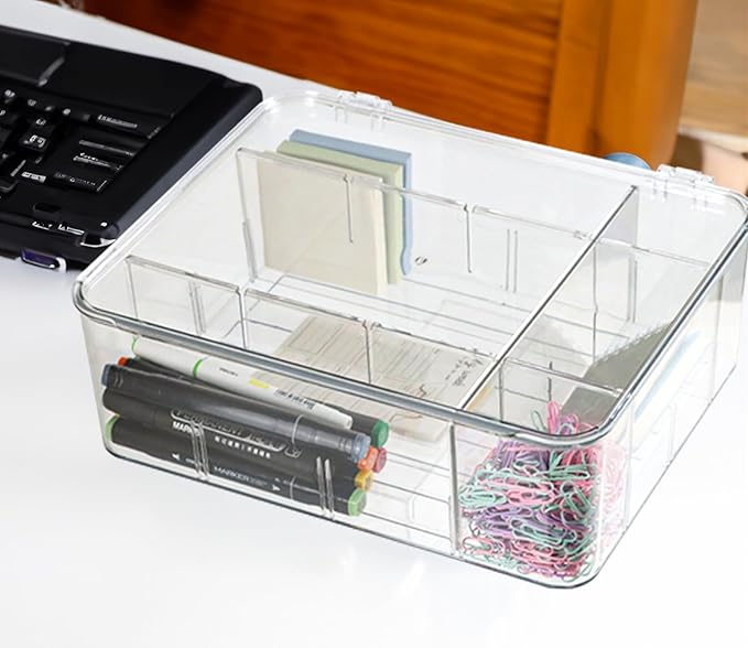 Plastic Clear Storage Containers, Set of 2, Sock Organizer Divided Boxes with Lids, Underwear Drawer Organizer, Tie Dresser Organizer (11.8×9.4×3.9")